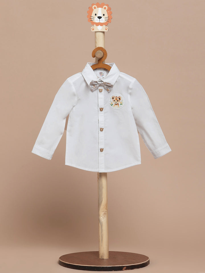 Classic Occasion wear White Cotton Shirt with a Little Leo Bow