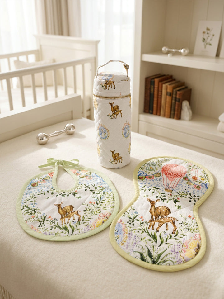 Bib, Burp Cloth & Bottle Cover (Set of 3) - Enchanted Deer