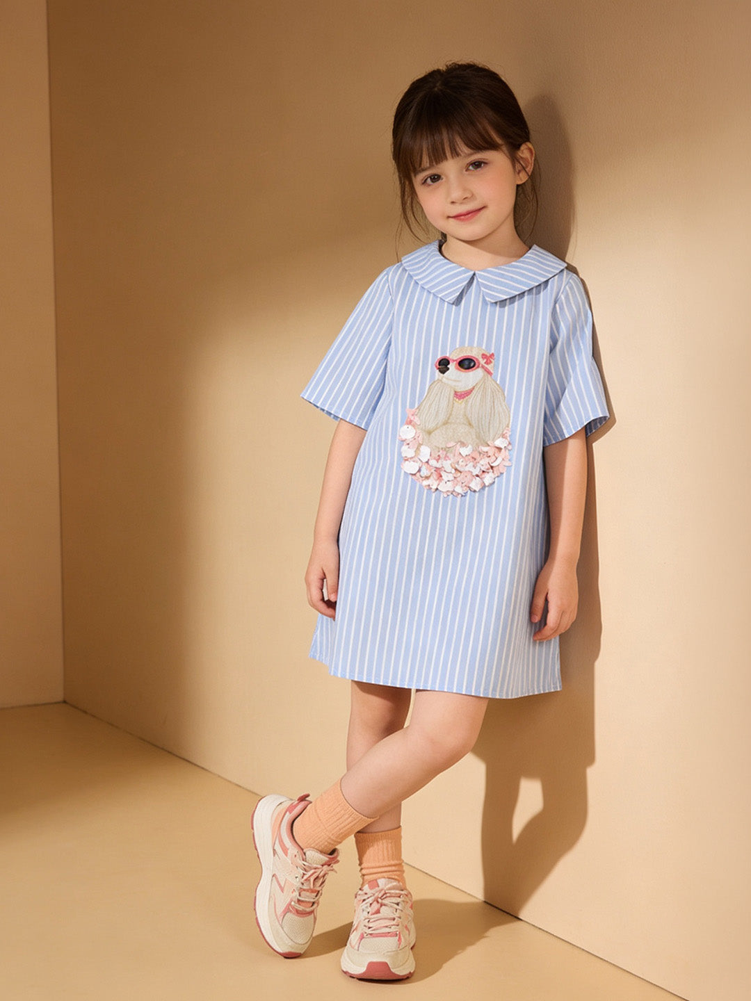 Girl's Cotton Striped Poodle Dress - Blue & White