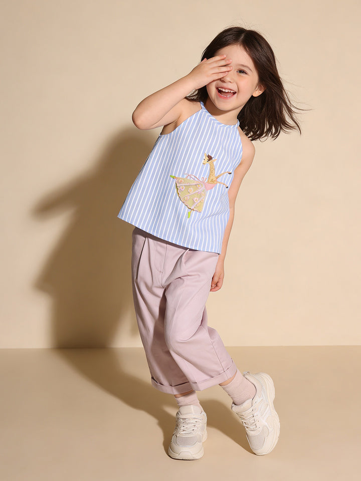 Girl's Cotton Striped Poodle Dress - Blue & White