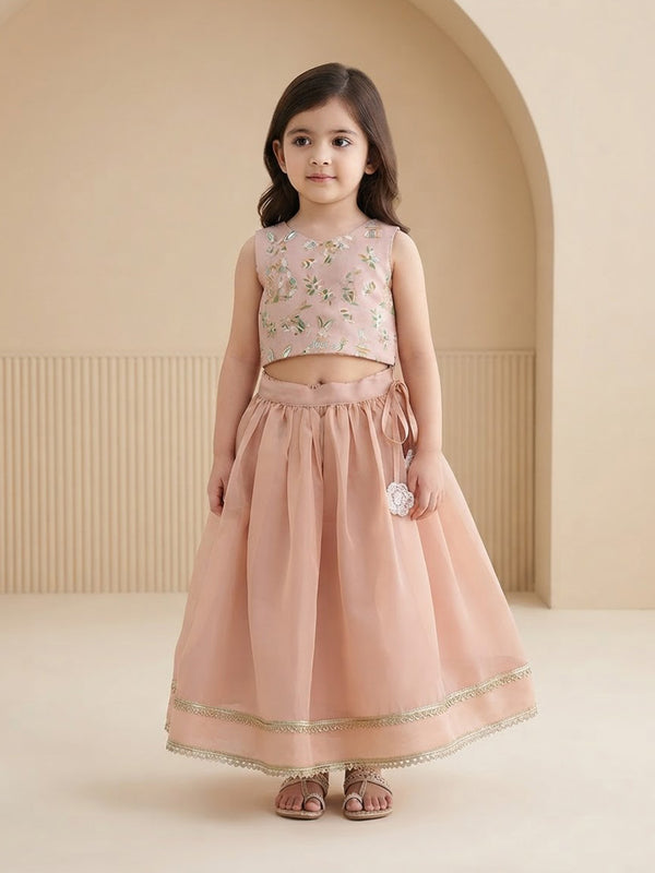 Girl's Festive Ensemble Lehenga Set in Peach - Blush Bunny