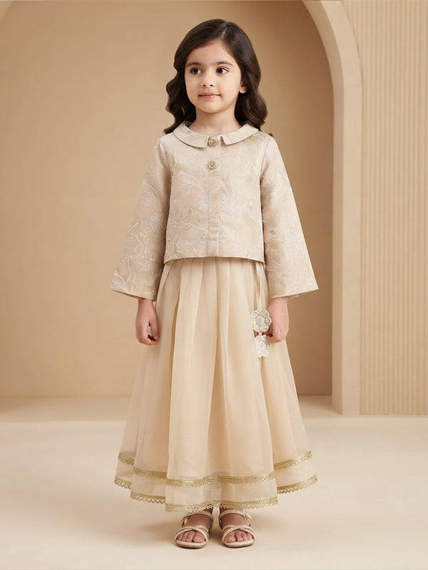 Girl's Lehenga Set in Powder Ivory - Whimsical Jungle