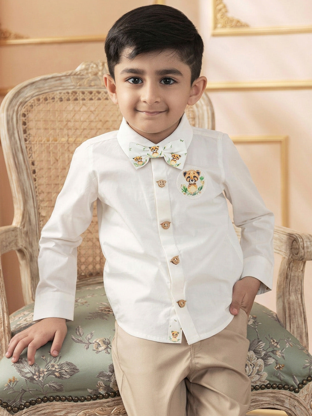 Boy's Cotton Printed Bow Tie in Off-White - Little Leo