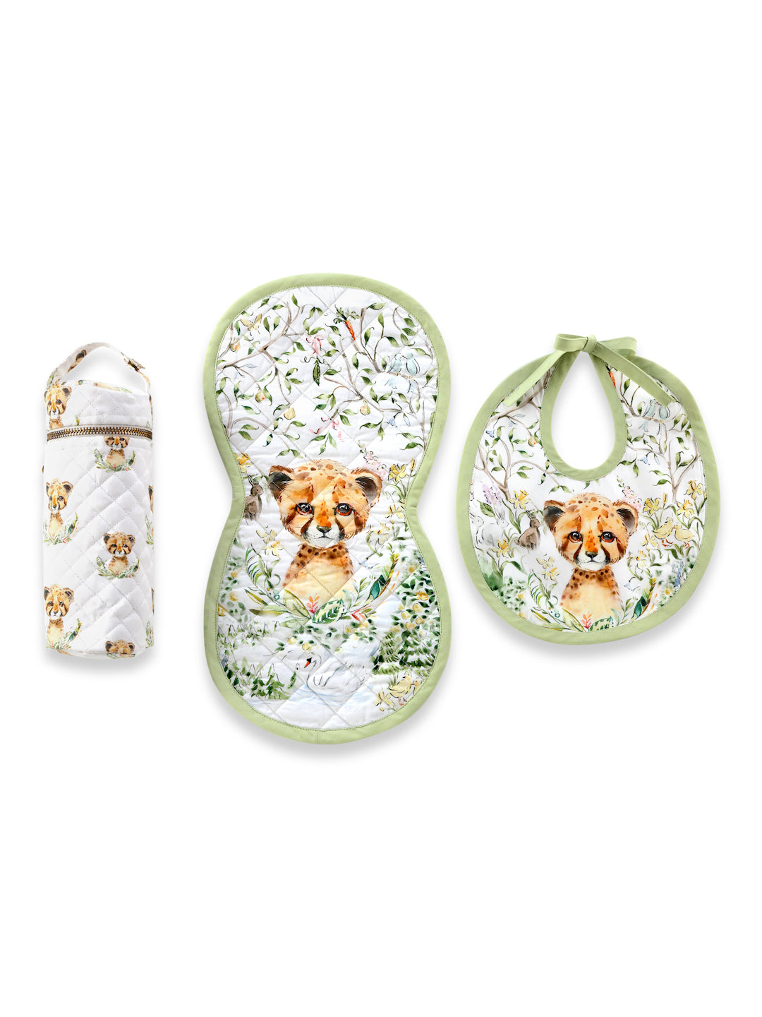 Little Leo Feed Set includes a baby burp cloth, bib, and a bottle cover for your newborn baby