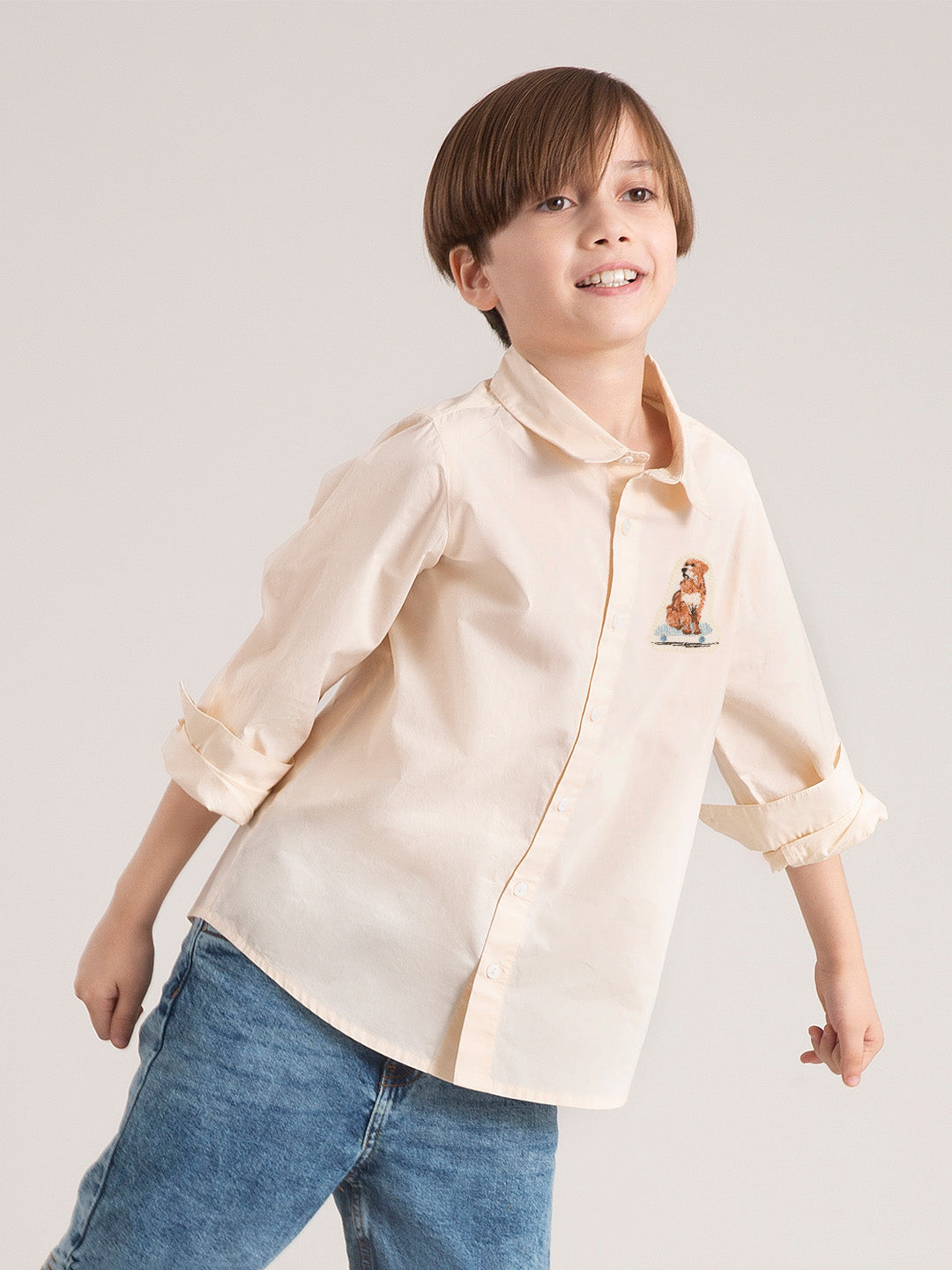 Poodle Boy Button-down Collared Shirt with embroidered patch on the pocket for your kid