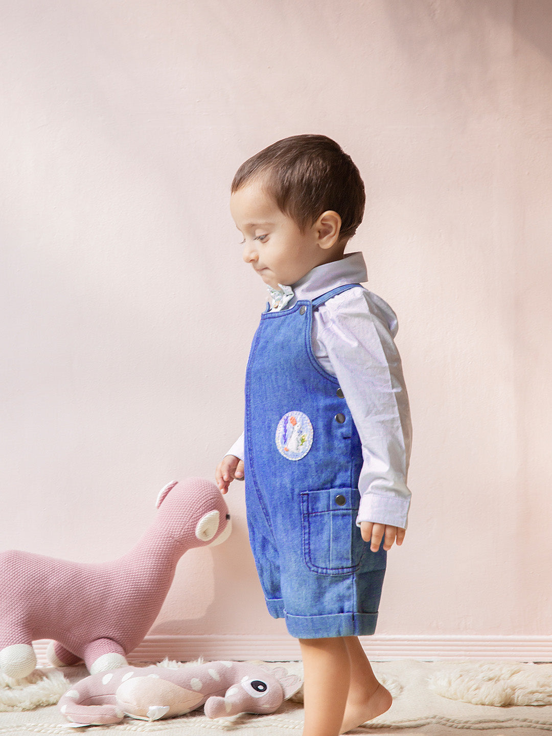 Soft durable Dark Indigo Applique Denim Dungaree for your baby