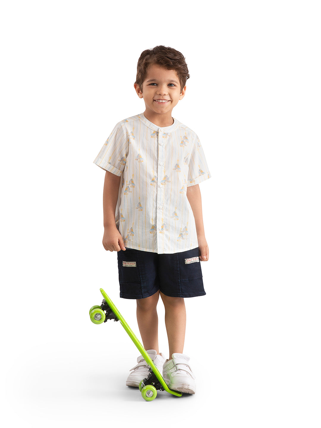 Boys Roller Skate Print Cotton Shirt – White Striped