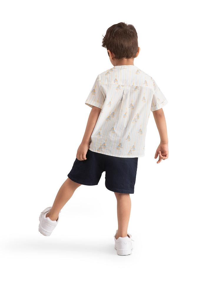 Boys Roller Skate Print Cotton Shirt – White Striped
