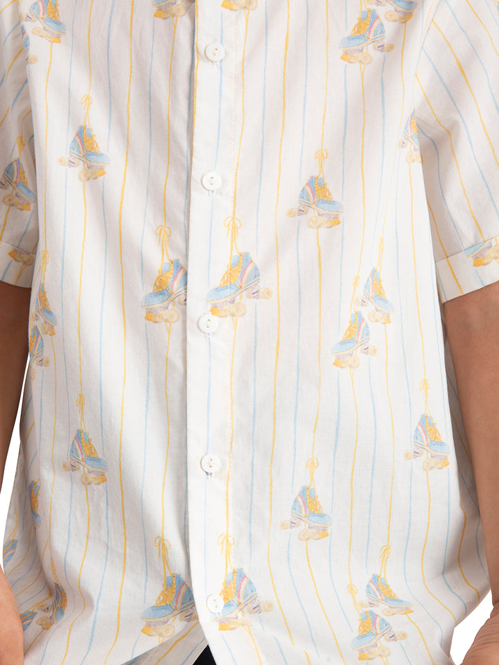 Boys Roller Skate Print Cotton Shirt – White Striped