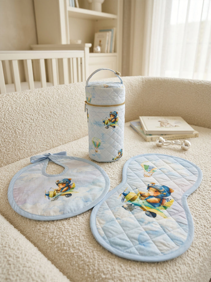 Bib, Burp Cloth & Bottle Cover (Set of 3) - Teddy's DREAM FLY