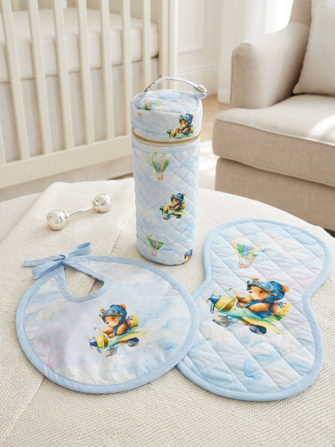 Bib, Burp Cloth & Bottle Cover (Set of 3) - Teddy's DREAM FLY