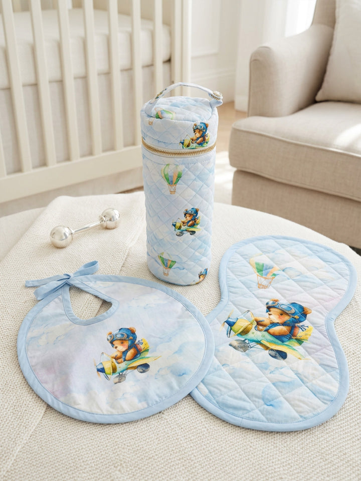 Bib, Burp Cloth & Bottle Cover (Set of 3) - Teddy's DREAM FLY