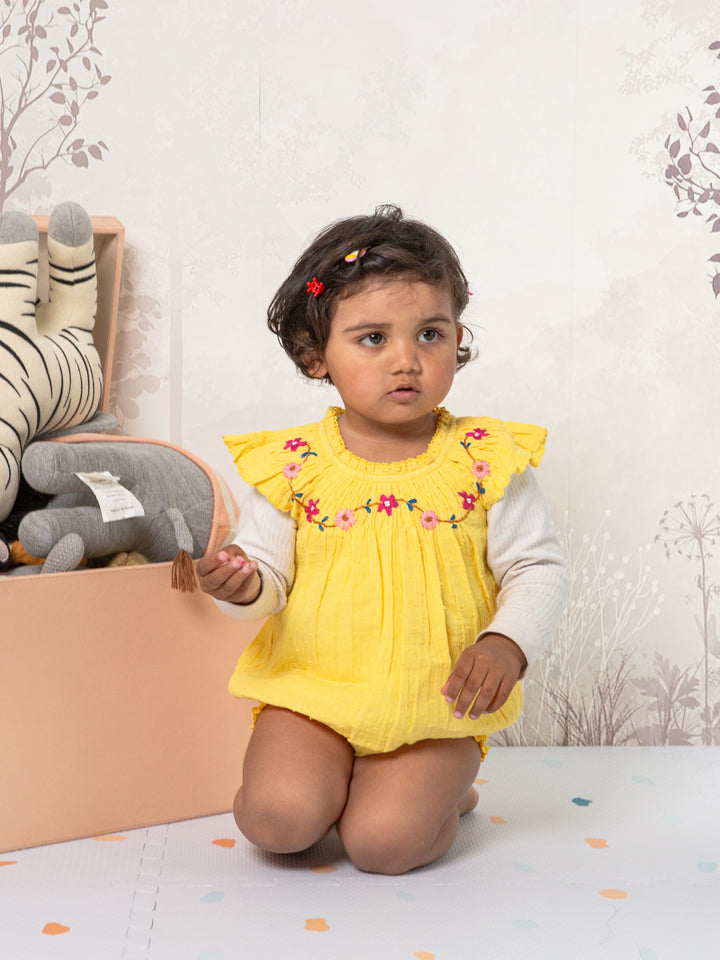 Yellow Sunshine Floral Onesie hand-embroidered for your girl