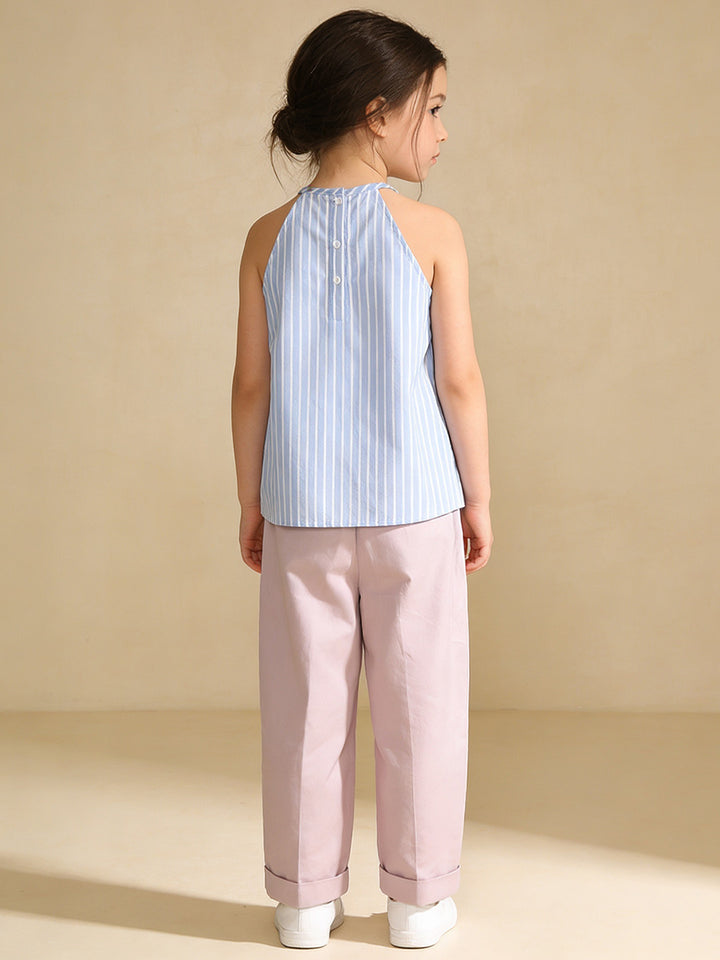 Girl's Cotton Striped Poodle Dress - Blue & White