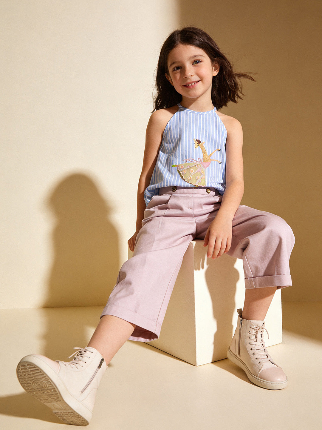 Girl's Cotton Striped Poodle Dress - Blue & White