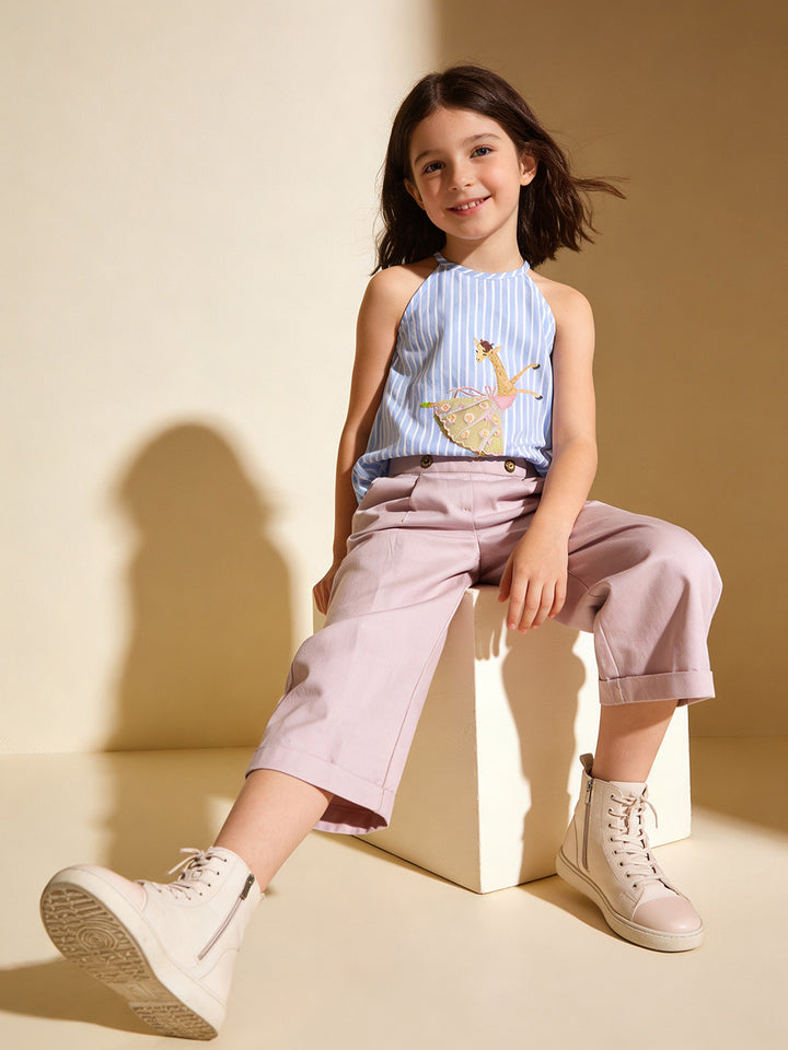Girl's Cotton Striped Poodle Dress - Blue & White