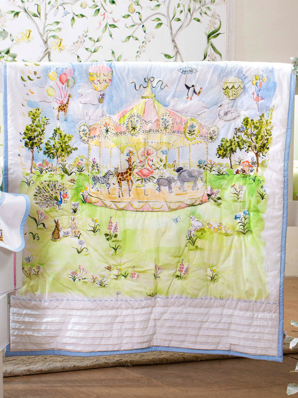 A mystical piece of furnishing featuring 'Carnival Carousel' in an enchanted forest to let your little bub enjoy a warm and soft night of deep sleep