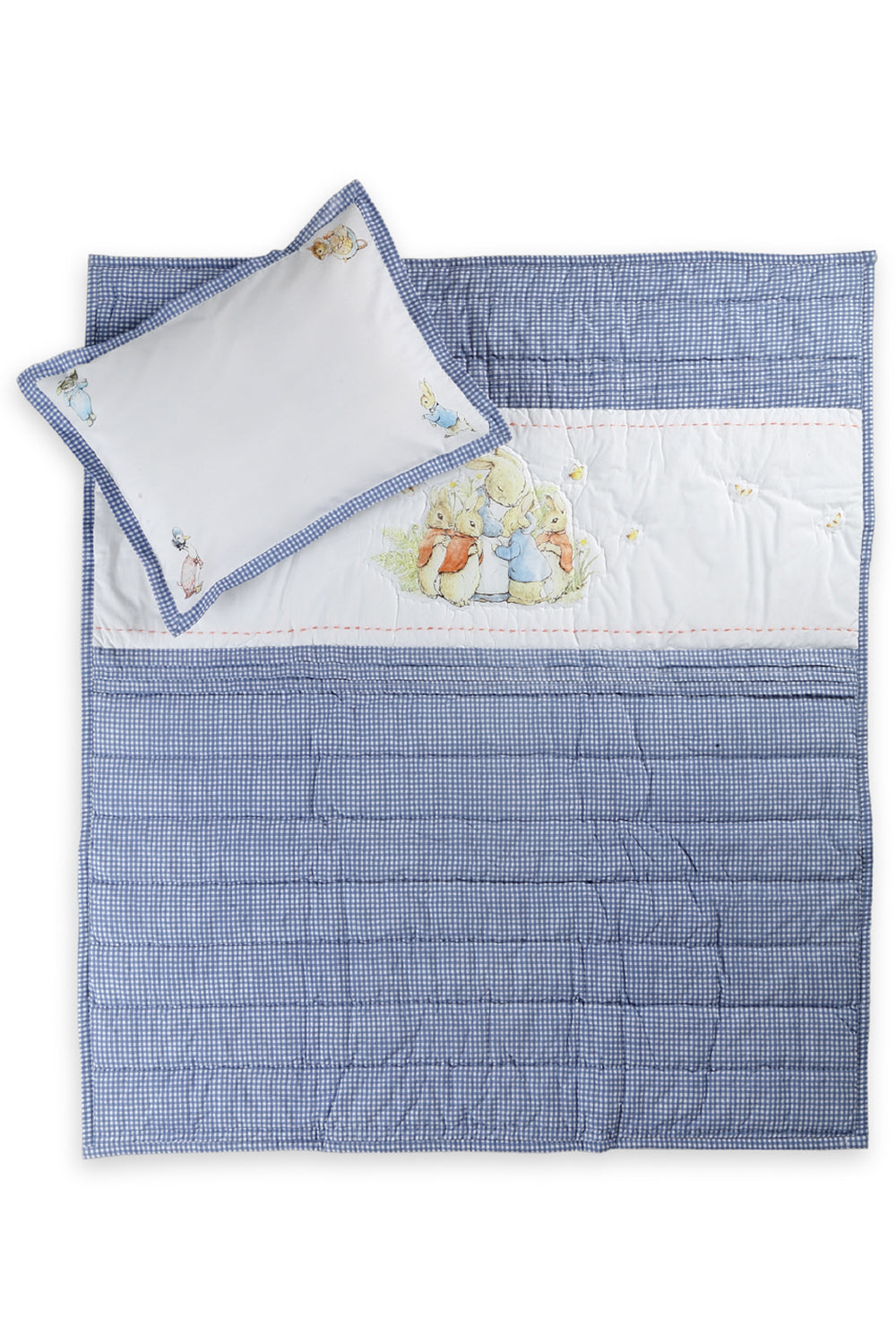 This Peter Rabbit quilt set with a pillow that features an adorable Peter Rabbit print and is made from soft cotton fabric.
