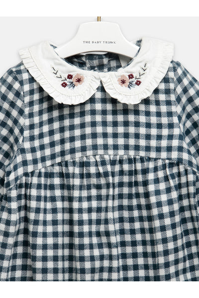 Green Check Embroidered Romper For Babies