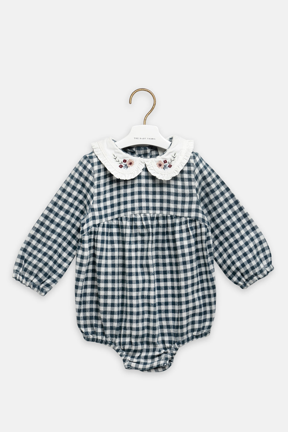 Green Check Embroidered Romper For Babies