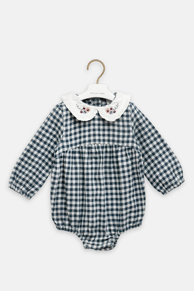 Green Check Embroidered Romper For Babies