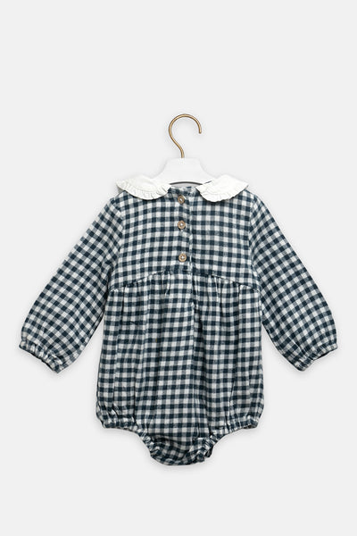 Green Check Embroidered Romper For Babies